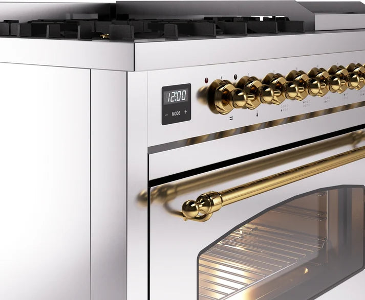 Ilve UP48FNMPSSGLP 48 in Nostalgie II Dual Fuel Range, 8 Burners, Griddle, Double Oven, Stainless Steel, Brass, LP Gas