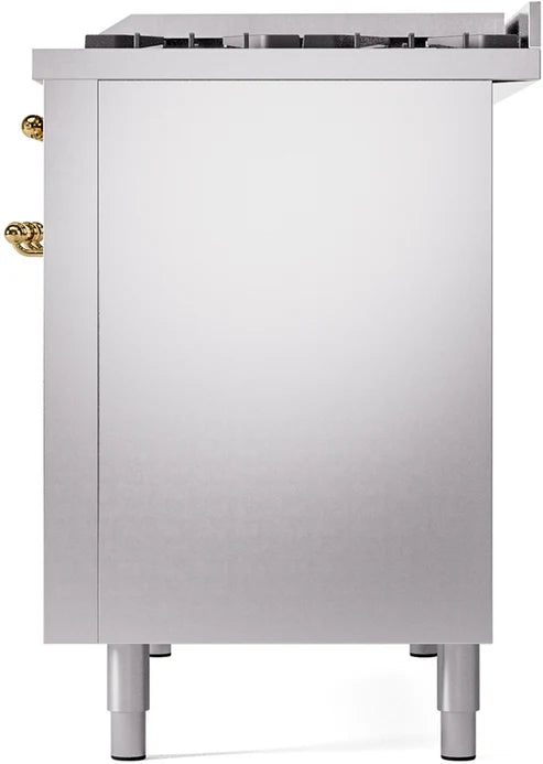 Ilve UP48FNMPSSGLP 48 in Nostalgie II Dual Fuel Range, 8 Burners, Griddle, Double Oven, Stainless Steel, Brass, LP Gas