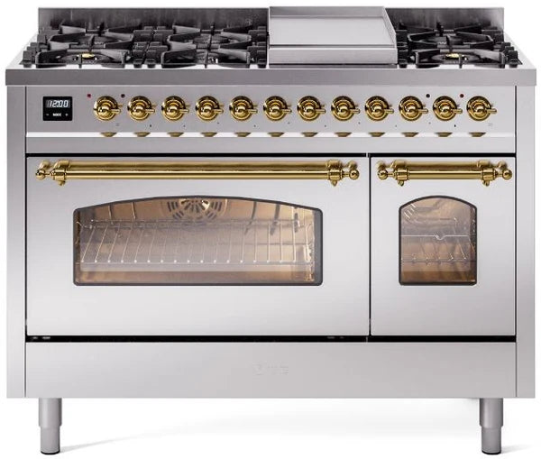 Ilve UP48FNMPSSGLP 48 in Nostalgie II Dual Fuel Range, 8 Burners, Griddle, Double Oven, Stainless Steel, Brass, LP Gas