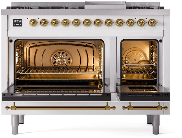 Ilve UP48FNMPWHGLP 48 in Nostalgie II Dual Fuel Range, 8 Burners, Griddle, Double Oven, White, Brass, LP Gas