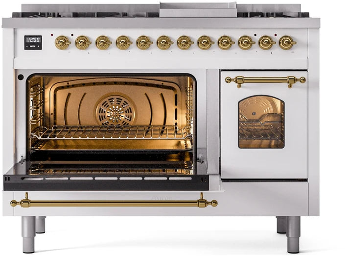Ilve UP48FNMPWHGLP 48 in Nostalgie II Dual Fuel Range, 8 Burners, Griddle, Double Oven, White, Brass, LP Gas