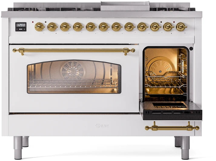 Ilve UP48FNMPWHGLP 48 in Nostalgie II Dual Fuel Range, 8 Burners, Griddle, Double Oven, White, Brass, LP Gas
