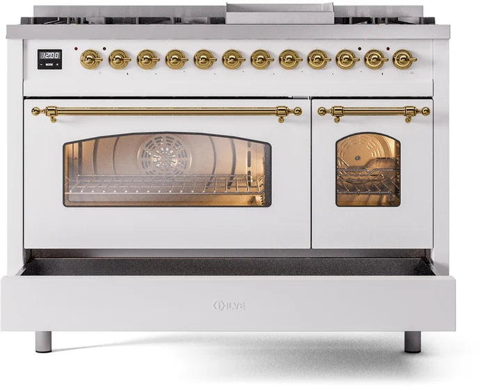 Ilve UP48FNMPWHGLP 48 in Nostalgie II Dual Fuel Range, 8 Burners, Griddle, Double Oven, White, Brass, LP Gas
