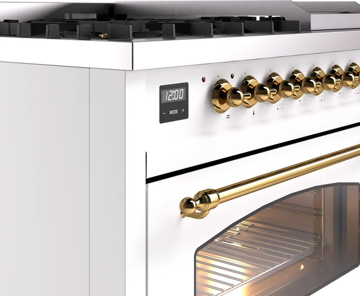 Ilve UP48FNMPWHGLP 48 in Nostalgie II Dual Fuel Range, 8 Burners, Griddle, Double Oven, White, Brass, LP Gas