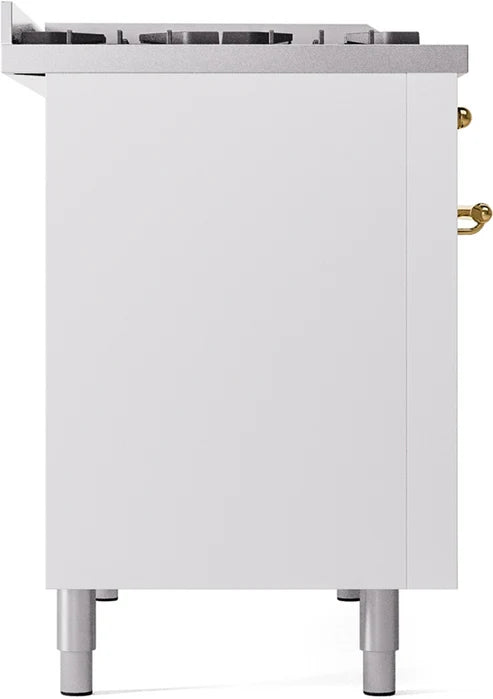 Ilve UP48FNMPWHGLP 48 in Nostalgie II Dual Fuel Range, 8 Burners, Griddle, Double Oven, White, Brass, LP Gas
