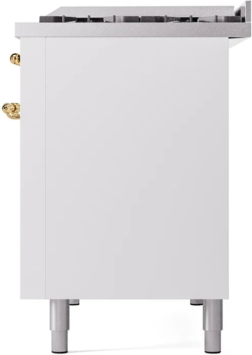 Ilve UP48FNMPWHGLP 48 in Nostalgie II Dual Fuel Range, 8 Burners, Griddle, Double Oven, White, Brass, LP Gas