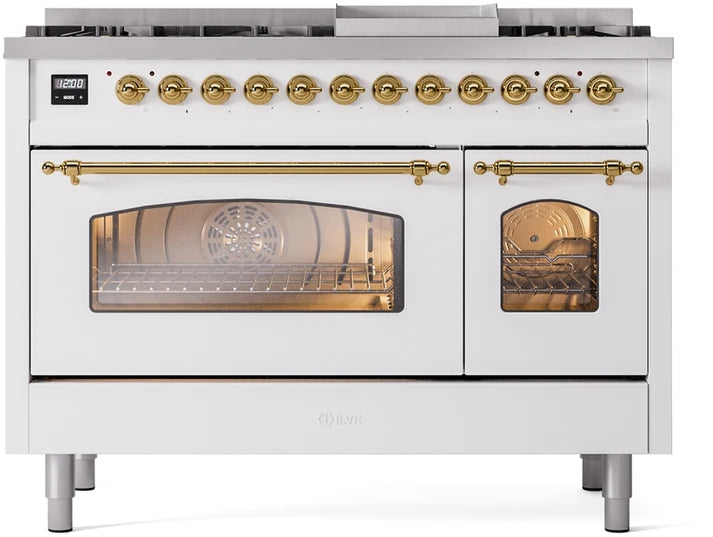 Ilve UP48FNMPWHGLP 48 in Nostalgie II Dual Fuel Range, 8 Burners, Griddle, Double Oven, White, Brass, LP Gas