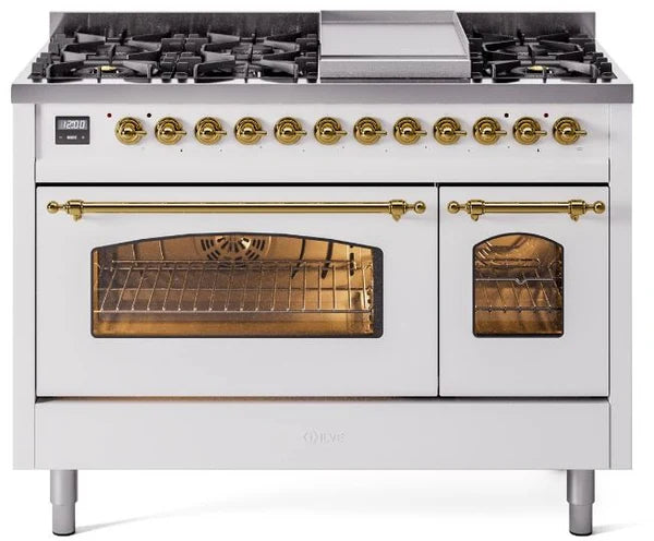 Ilve UP48FNMPWHGLP 48 in Nostalgie II Dual Fuel Range, 8 Burners, Griddle, Double Oven, White, Brass, LP Gas