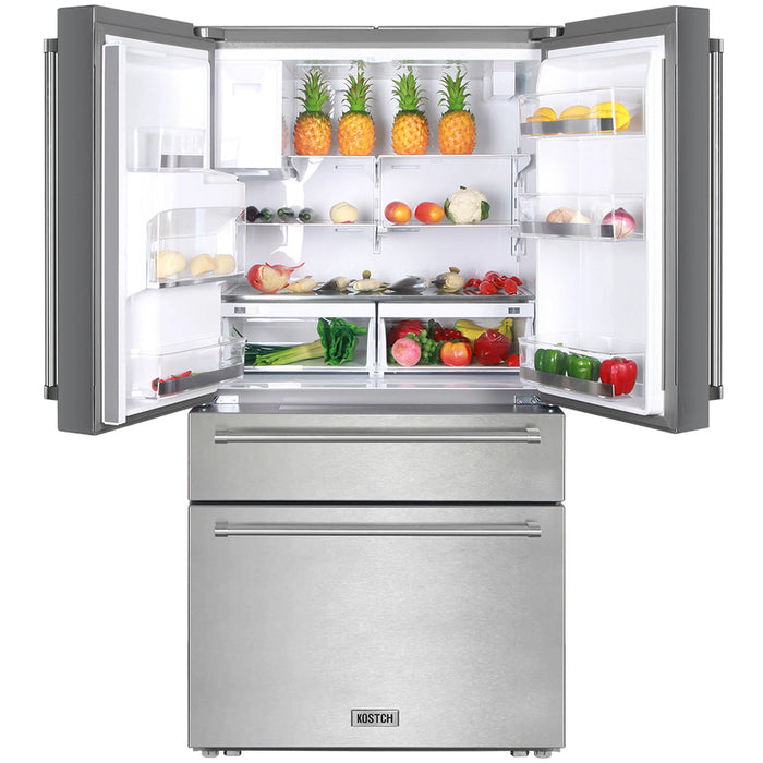 Kostch KOS-36RFD07T-SS 36" Counter-Depth 21.6 cu. ft. 4-Door French Door Refrigerator with Ice & Water Dispenser – Stainless Steel