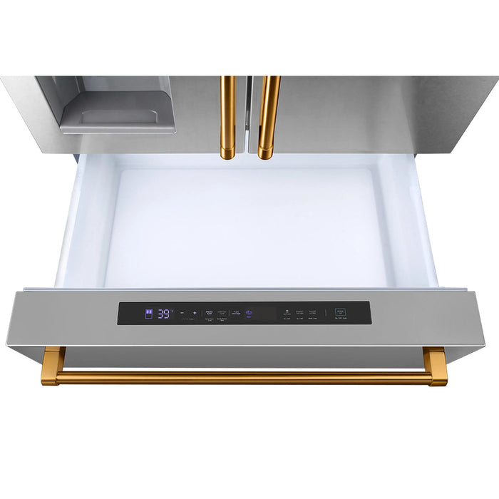 Kostch KOS-36RFD07T-SG 36" Counter-Depth 21.6 cu. ft. 4-Door French Door Refrigerator with Ice & Water Dispenser – Stainless Steel with Bronze Accents