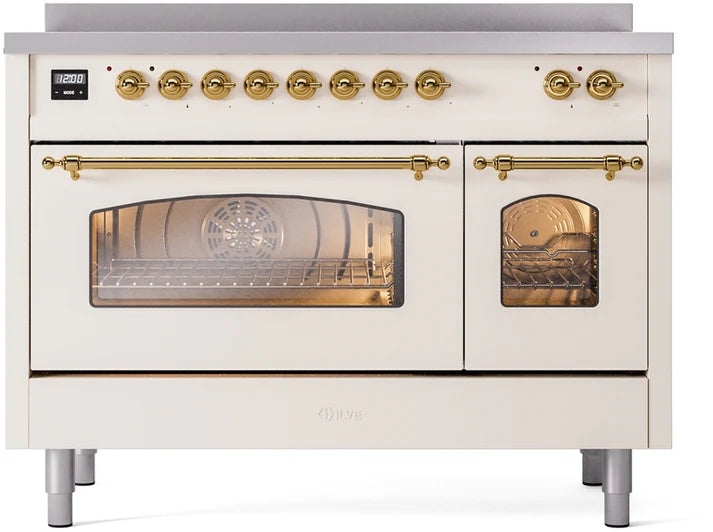 Ilve UPI486NMPAWG 48 in Nostalgie II Induction Range, 6 Elements, Double Oven, Antique White, Brass