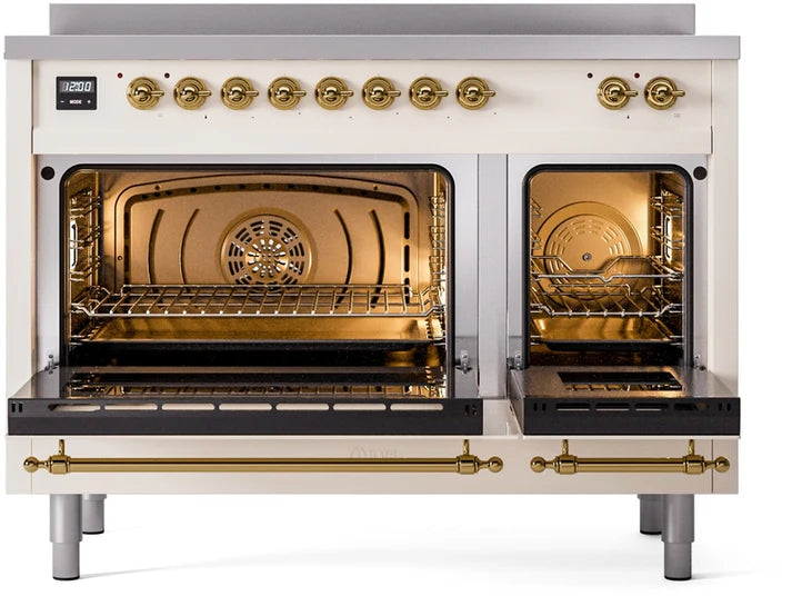 Ilve UPI486NMPAWG 48 in Nostalgie II Induction Range, 6 Elements, Double Oven, Antique White, Brass