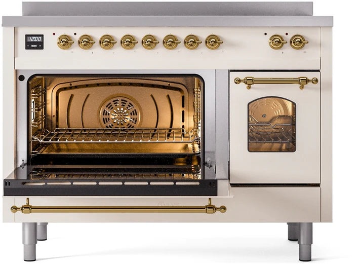 Ilve UPI486NMPAWG 48 in Nostalgie II Induction Range, 6 Elements, Double Oven, Antique White, Brass