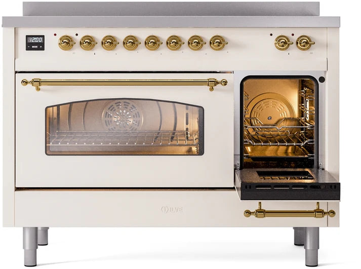Ilve UPI486NMPAWG 48 in Nostalgie II Induction Range, 6 Elements, Double Oven, Antique White, Brass