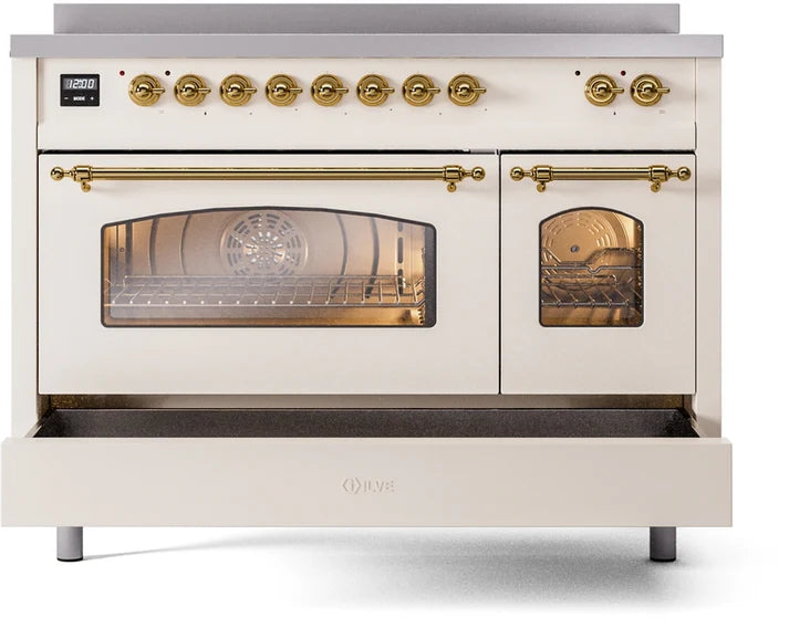 Ilve UPI486NMPAWG 48 in Nostalgie II Induction Range, 6 Elements, Double Oven, Antique White, Brass