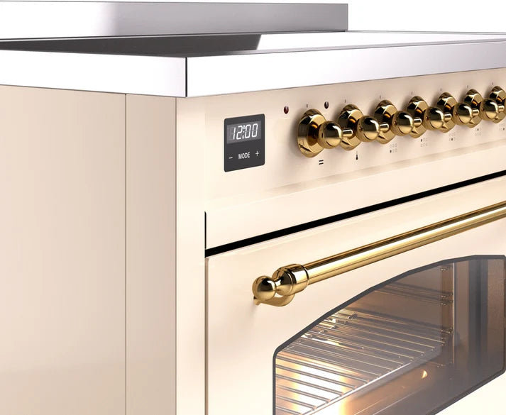 Ilve UPI486NMPAWG 48 in Nostalgie II Induction Range, 6 Elements, Double Oven, Antique White, Brass