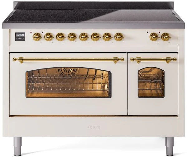 Ilve UPI486NMPAWG 48 in Nostalgie II Induction Range, 6 Elements, Double Oven, Antique White, Brass