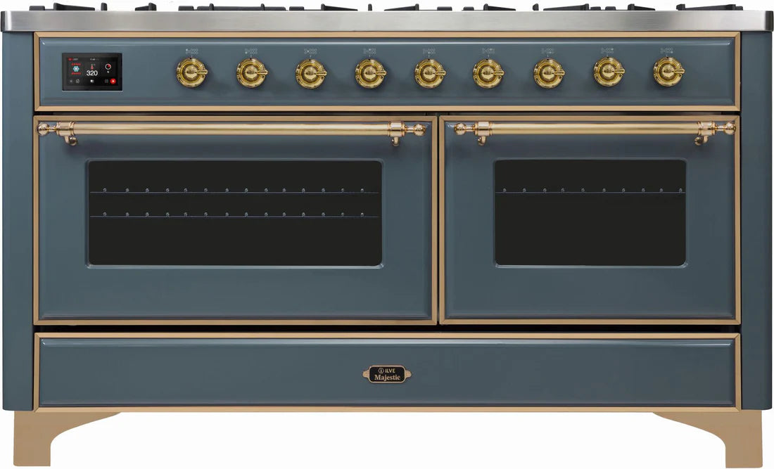 Ilve UM15FDNS3BGG 60 in Majestic II Dual Fuel Range, 9 Burner Griddle, Double Oven, Blue Grey, Brass