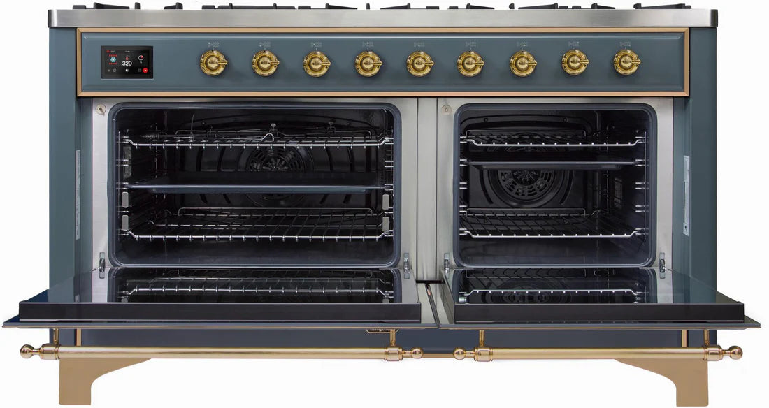 Ilve UM15FDNS3BGG 60 in Majestic II Dual Fuel Range, 9 Burner Griddle, Double Oven, Blue Grey, Brass