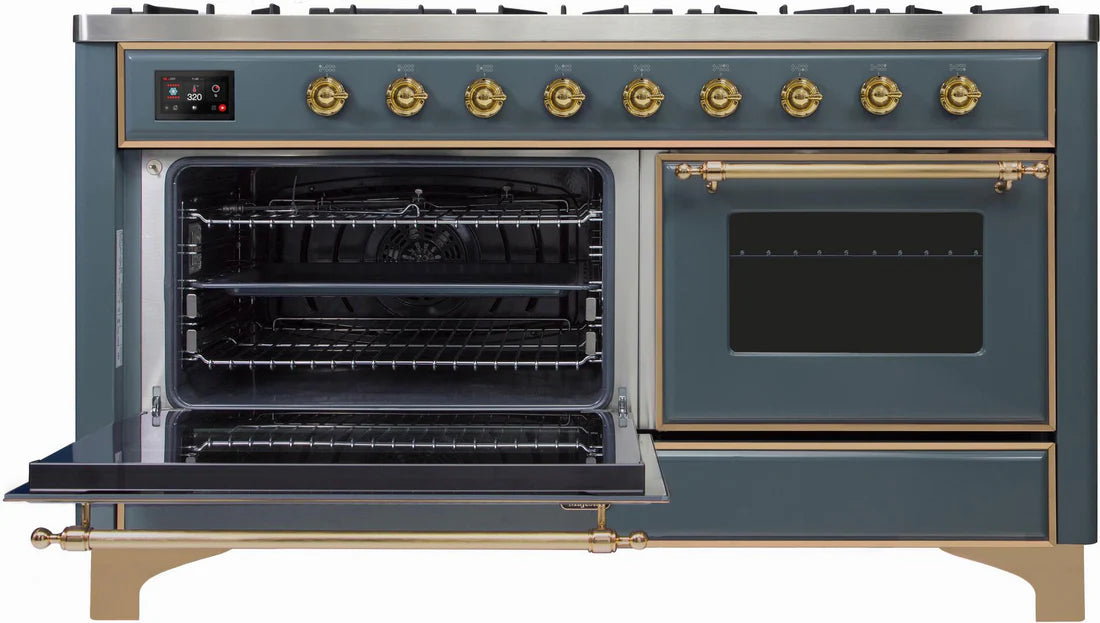 Ilve UM15FDNS3BGG 60 in Majestic II Dual Fuel Range, 9 Burner Griddle, Double Oven, Blue Grey, Brass