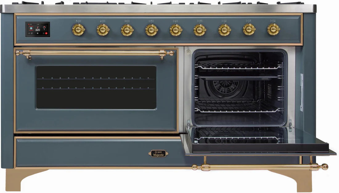 Ilve UM15FDNS3BGG 60 in Majestic II Dual Fuel Range, 9 Burner Griddle, Double Oven, Blue Grey, Brass