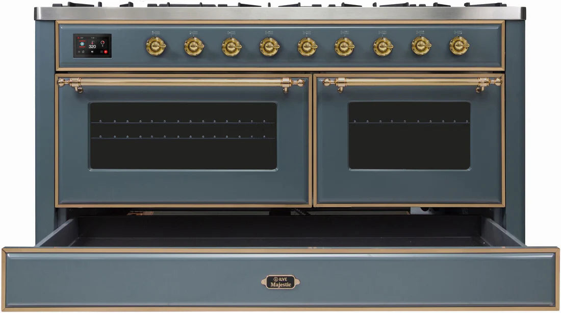 Ilve UM15FDNS3BGG 60 in Majestic II Dual Fuel Range, 9 Burner Griddle, Double Oven, Blue Grey, Brass