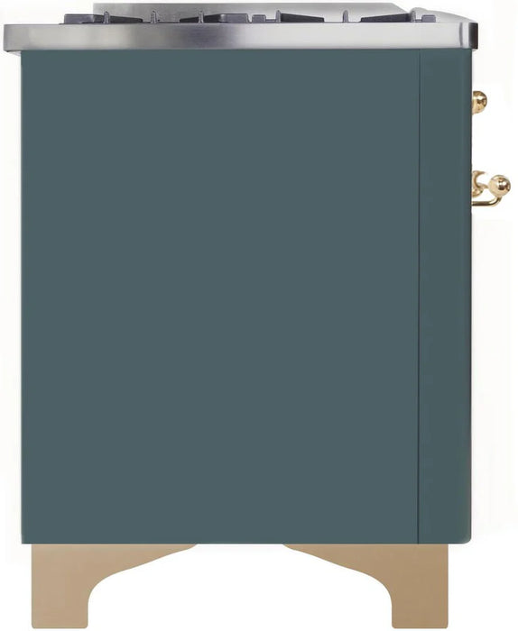 Ilve UM15FDNS3BGG 60 in Majestic II Dual Fuel Range, 9 Burner Griddle, Double Oven, Blue Grey, Brass
