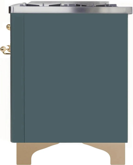 Ilve UM15FDNS3BGG 60 in Majestic II Dual Fuel Range, 9 Burner Griddle, Double Oven, Blue Grey, Brass