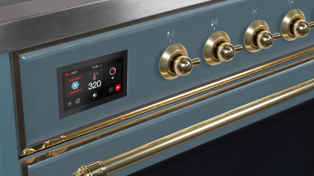 Ilve UM15FDNS3BGG 60 in Majestic II Dual Fuel Range, 9 Burner Griddle, Double Oven, Blue Grey, Brass