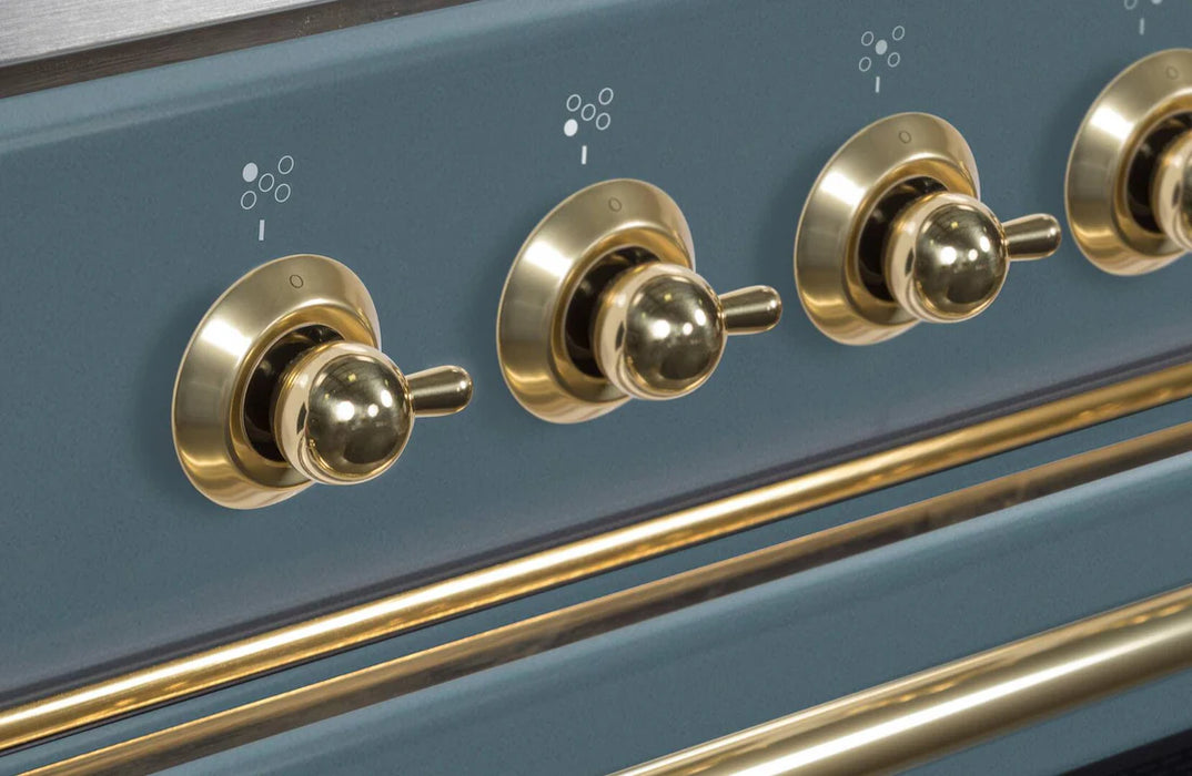 Ilve UM15FDNS3BGG 60 in Majestic II Dual Fuel Range, 9 Burner Griddle, Double Oven, Blue Grey, Brass