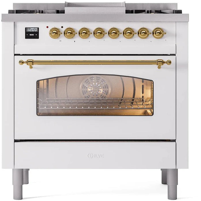 Ilve UP36FNMPWHGLP 36 in Nostalgie II Dual Fuel Range, 6 Burners, Griddle, Convection Oven, White, Brass, LP Gas
