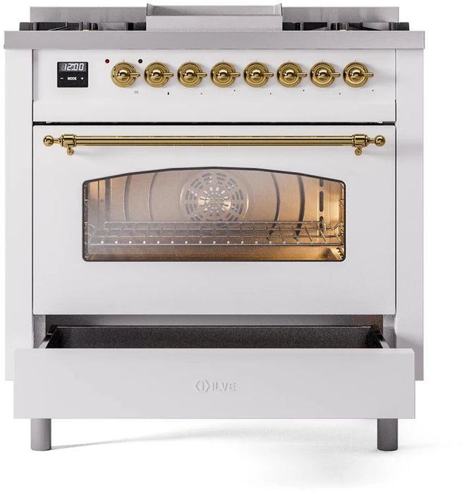 Ilve UP36FNMPWHGLP 36 in Nostalgie II Dual Fuel Range, 6 Burners, Griddle, Convection Oven, White, Brass, LP Gas