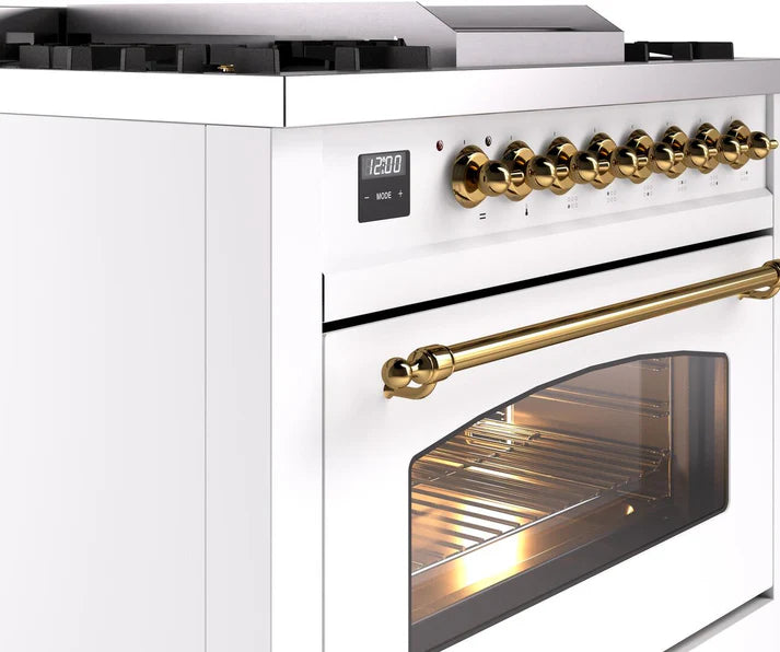 Ilve UP36FNMPWHGLP 36 in Nostalgie II Dual Fuel Range, 6 Burners, Griddle, Convection Oven, White, Brass, LP Gas