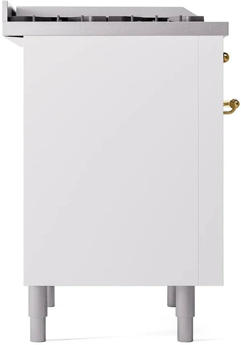Ilve UP36FNMPWHGLP 36 in Nostalgie II Dual Fuel Range, 6 Burners, Griddle, Convection Oven, White, Brass, LP Gas