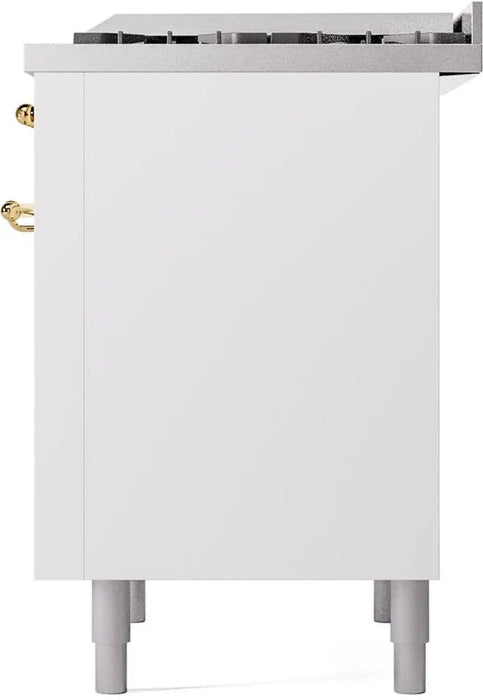 Ilve UP36FNMPWHGLP 36 in Nostalgie II Dual Fuel Range, 6 Burners, Griddle, Convection Oven, White, Brass, LP Gas