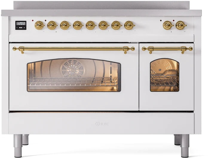 Ilve UPI486NMPWHG 48 in Nostalgie II Induction Range, 6 Elements, Double Oven, White, Brass