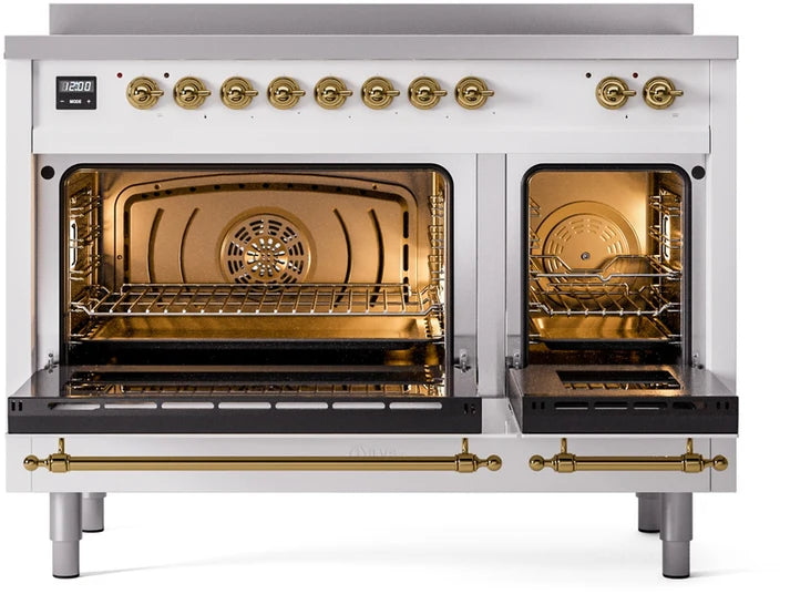 Ilve UPI486NMPWHG 48 in Nostalgie II Induction Range, 6 Elements, Double Oven, White, Brass