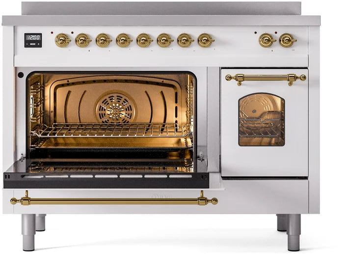 Ilve UPI486NMPWHG 48 in Nostalgie II Induction Range, 6 Elements, Double Oven, White, Brass
