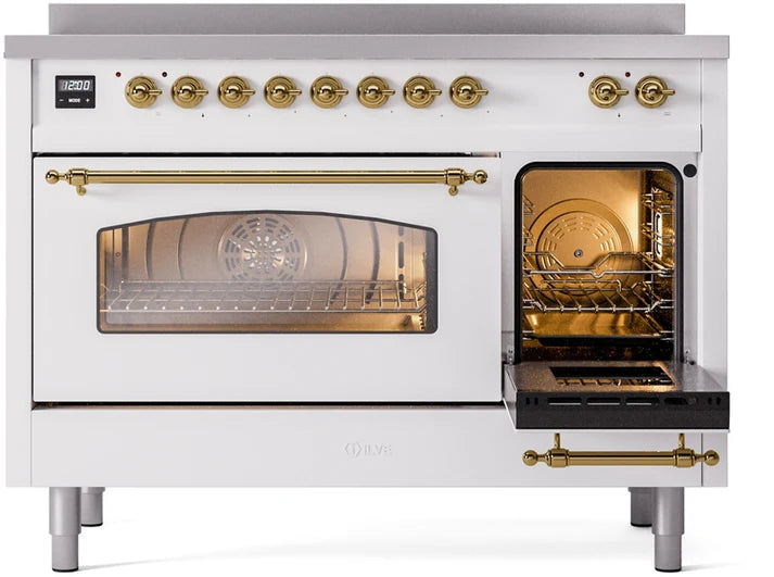 Ilve UPI486NMPWHG 48 in Nostalgie II Induction Range, 6 Elements, Double Oven, White, Brass