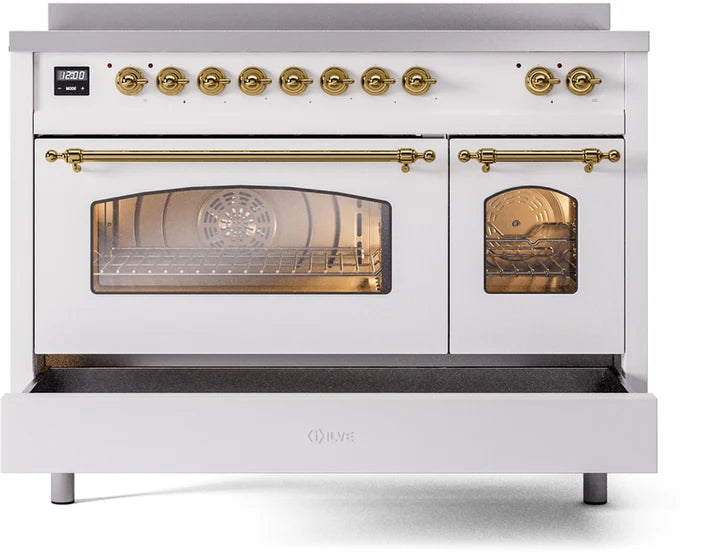 Ilve UPI486NMPWHG 48 in Nostalgie II Induction Range, 6 Elements, Double Oven, White, Brass