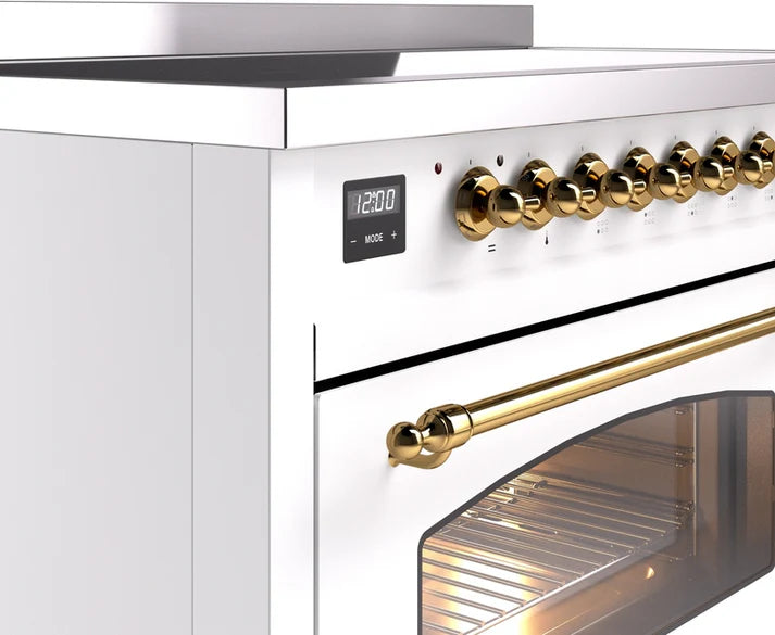 Ilve UPI486NMPWHG 48 in Nostalgie II Induction Range, 6 Elements, Double Oven, White, Brass