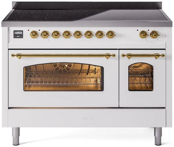 Ilve UPI486NMPWHG 48 in Nostalgie II Induction Range, 6 Elements, Double Oven, White, Brass