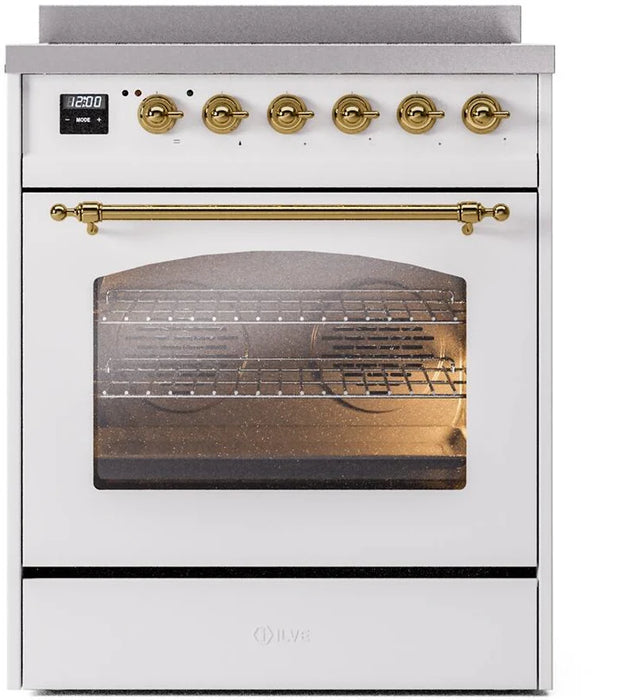 Ilve UPI304NMPWHG 30 in Nostalgie II Induction Range, 4 Elements, Triple Glass Door, White, Brass