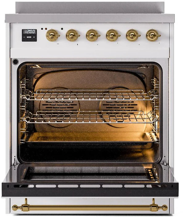 Ilve UPI304NMPWHG 30 in Nostalgie II Induction Range, 4 Elements, Triple Glass Door, White, Brass