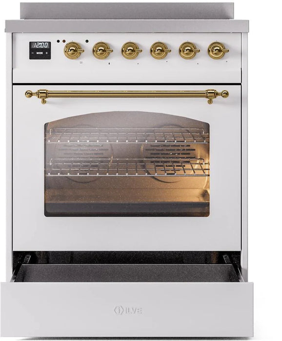 Ilve UPI304NMPWHG 30 in Nostalgie II Induction Range, 4 Elements, Triple Glass Door, White, Brass