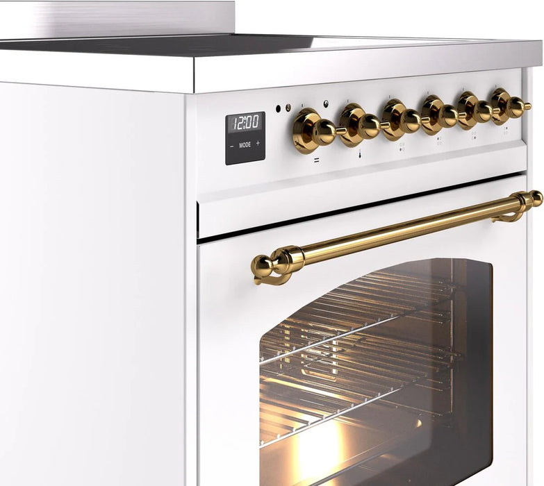 Ilve UPI304NMPWHG 30 in Nostalgie II Induction Range, 4 Elements, Triple Glass Door, White, Brass