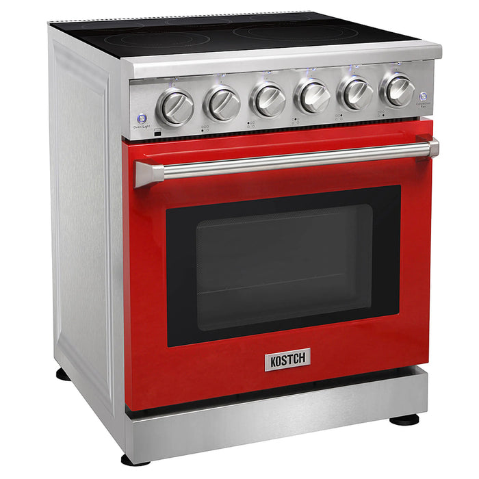 Kostch KOS-30RE06H-R 30" Freestanding Electric Range with Smooth Cooktop, Convection Oven – Red