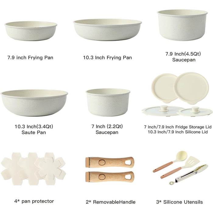 Vero Hardware 15PCS Ceramic Cookware Sets Detachable Handle Pots and Pans Set Non Stick