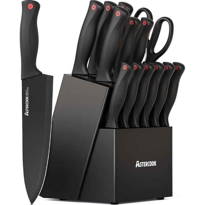 Astercook 15-Piece Knife Set with Built-In Sharpener Block, German Stainless Steel Kitchen Knives, Black