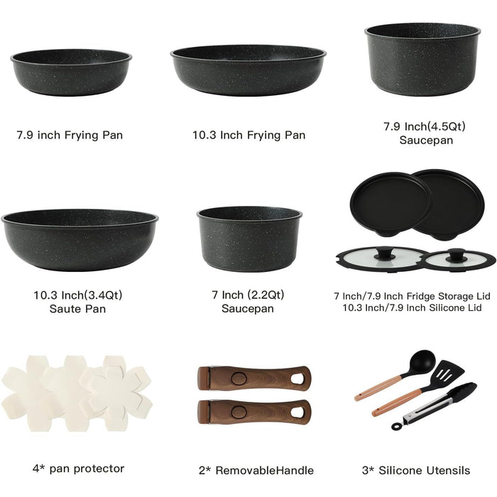 Vero Hardware 15PCS Ceramic Cookware Sets Detachable Handle Pots and Pans Set Non Stick